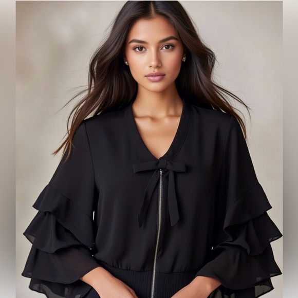 Gracia Tops - New Gracia Black Ruffle Sleeve V-Neck Zip Blouse Top
